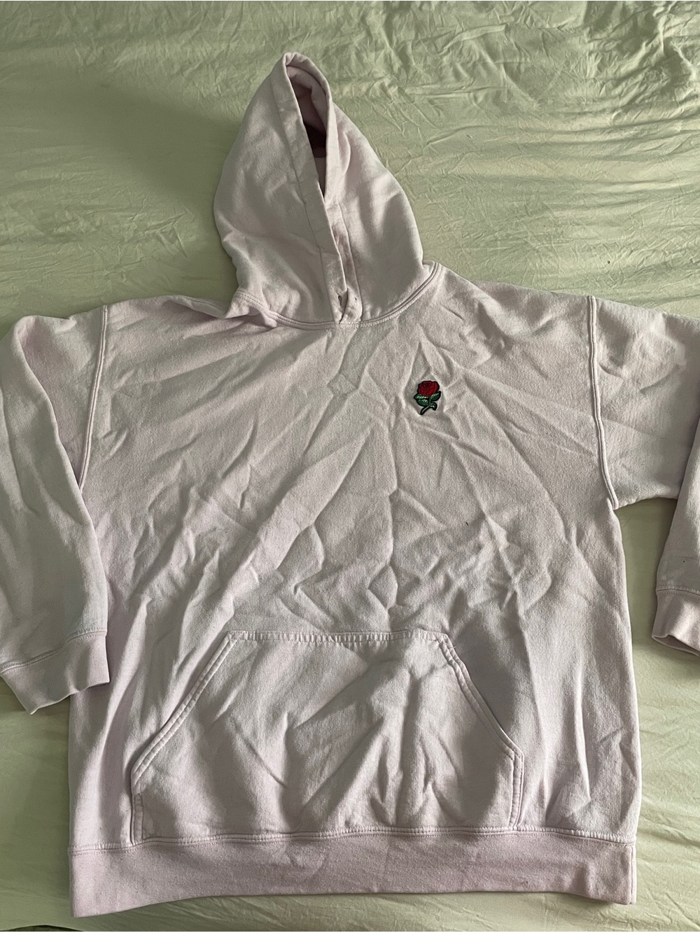 Mens Light Pink Hoodie with Embroidered Red Rose